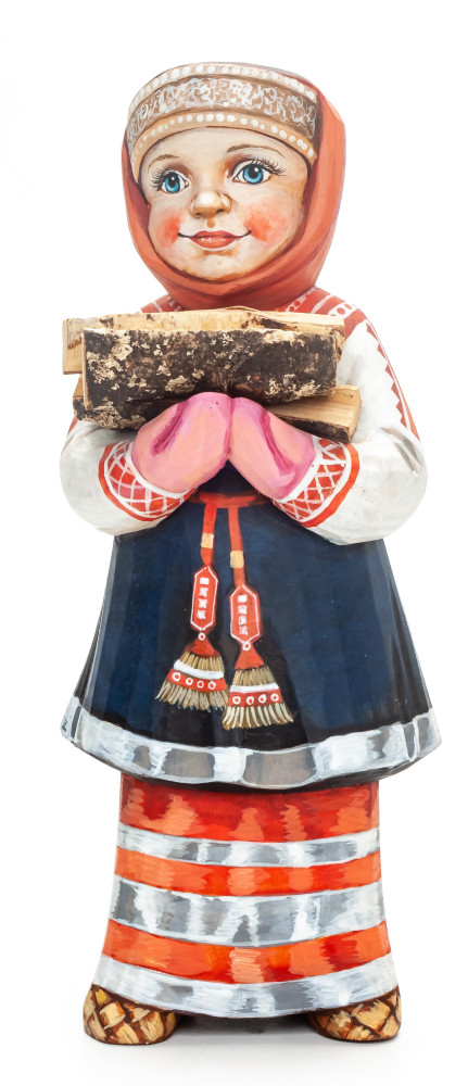 270 mm Girl with a Firewood hand painted Wooden Statue (by Karpova Nadezda)