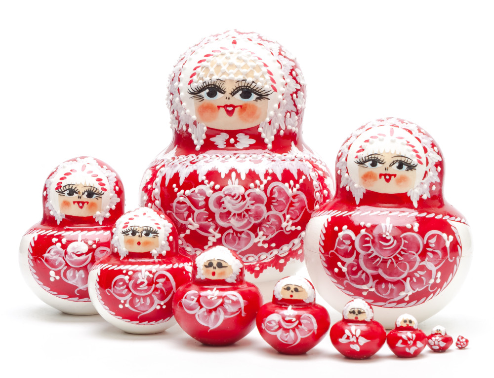 130 mm Red Gzhel with Bubbles hand painted wooden Matryoshka doll 10 pcs (by Rose Studio)
