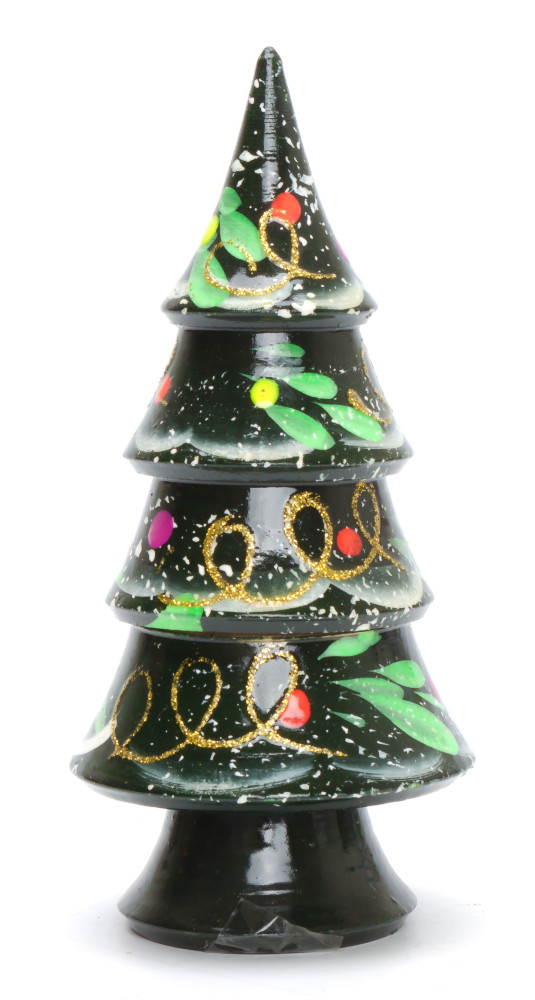 140 mm Christmas Wooden Green Tree with Hand Painted Garlands and Decorations