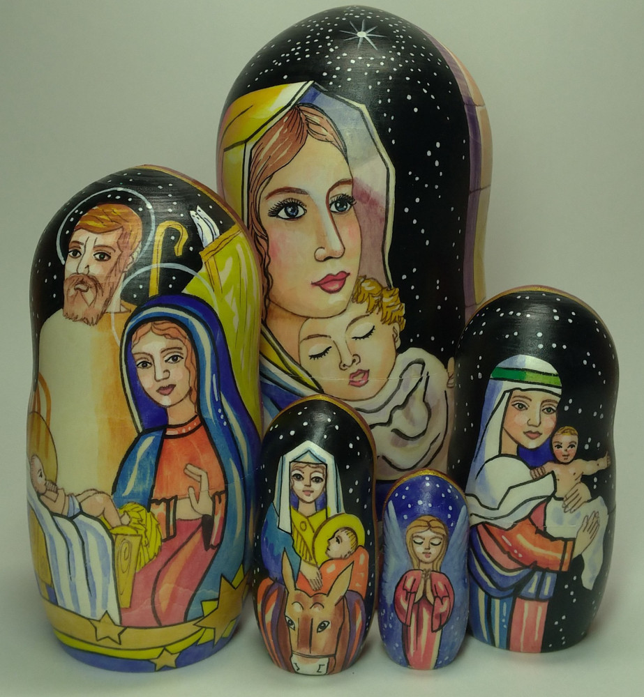 180mm Madonna with Christ hand painted on wooden Matryoshka doll 5 pcs (by Alexander Famous Paintings Studio)