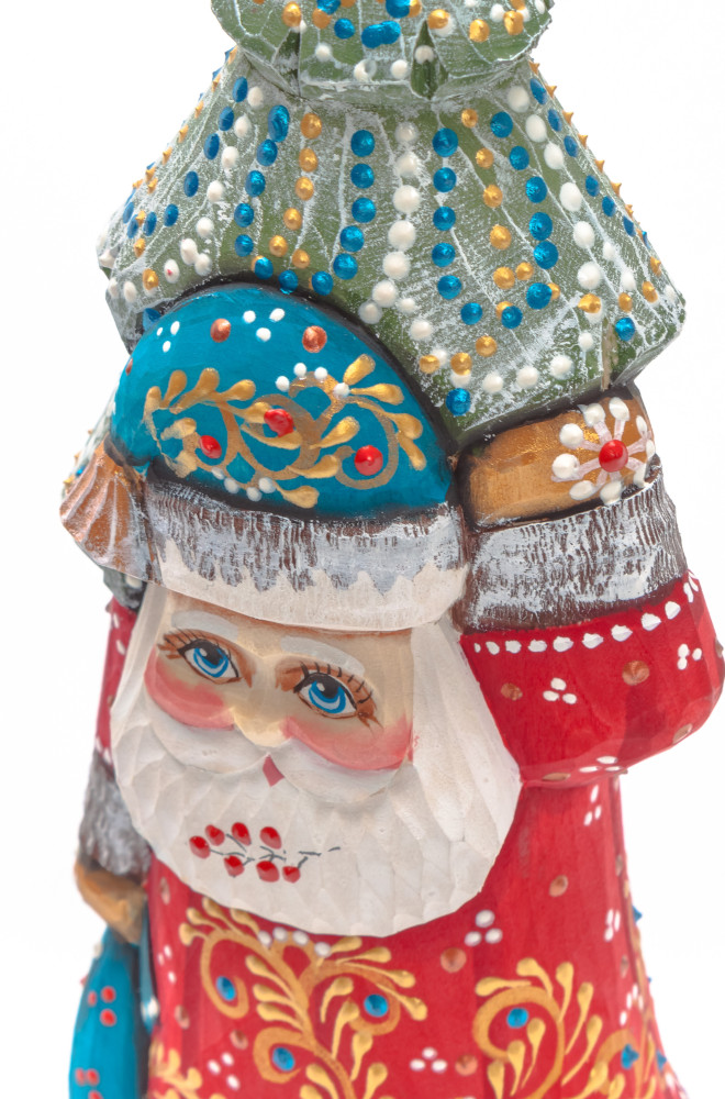 180 mm Santa with a Green Christmas Tree and a Bag Carved Wood Hand Painted Collectible Figurine (by Natalia Nikitina Workshop)