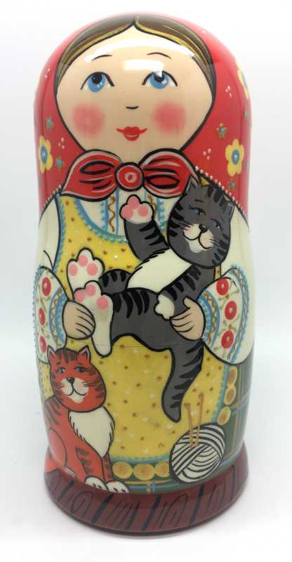 180 mm Russian Girl plays with Kitten hand painted wooden Matryoshka doll 5 pcs (by A Studio)