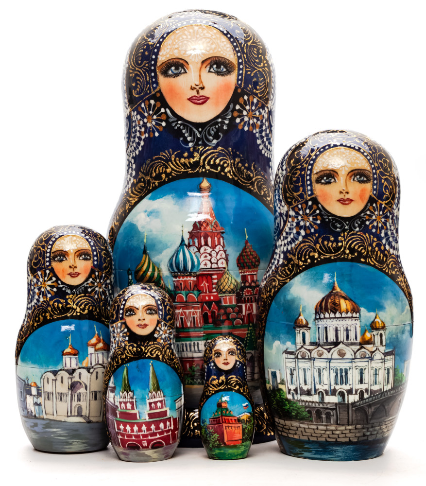 200 mm Moscow Snt Basil Cathedral hand painted wooden Matryoshka doll 5 pcs (by Trifonov Studio)