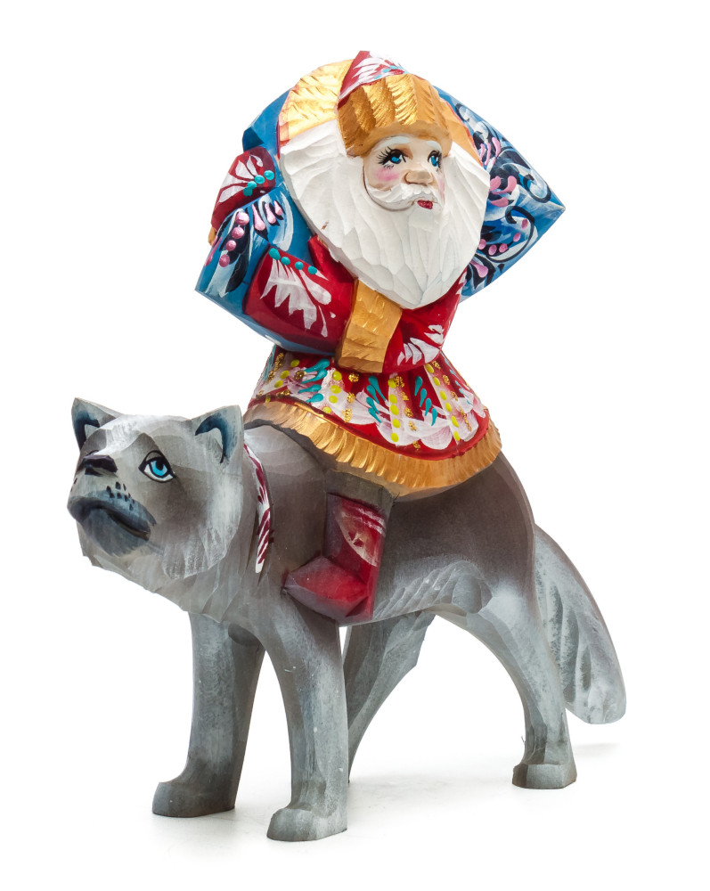 180 mm Santa with a Bag riding a Wolf Carved Wood Hand Painted Collectible Figurine (by Igor Carved Wooden Figures Studio)