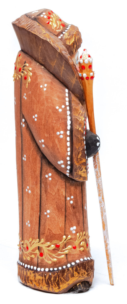 170 mm Santa with a Magic Staff and a Bag Carved Wood Hand Painted Collectible Figurine (by Natalia Nikitina Workshop)