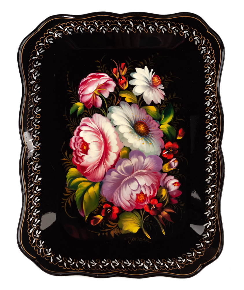 250x330 mm Zhostovo Patterns hand painted and lacquered by Blagova Metal Forged Tray (by Lada Crafts)