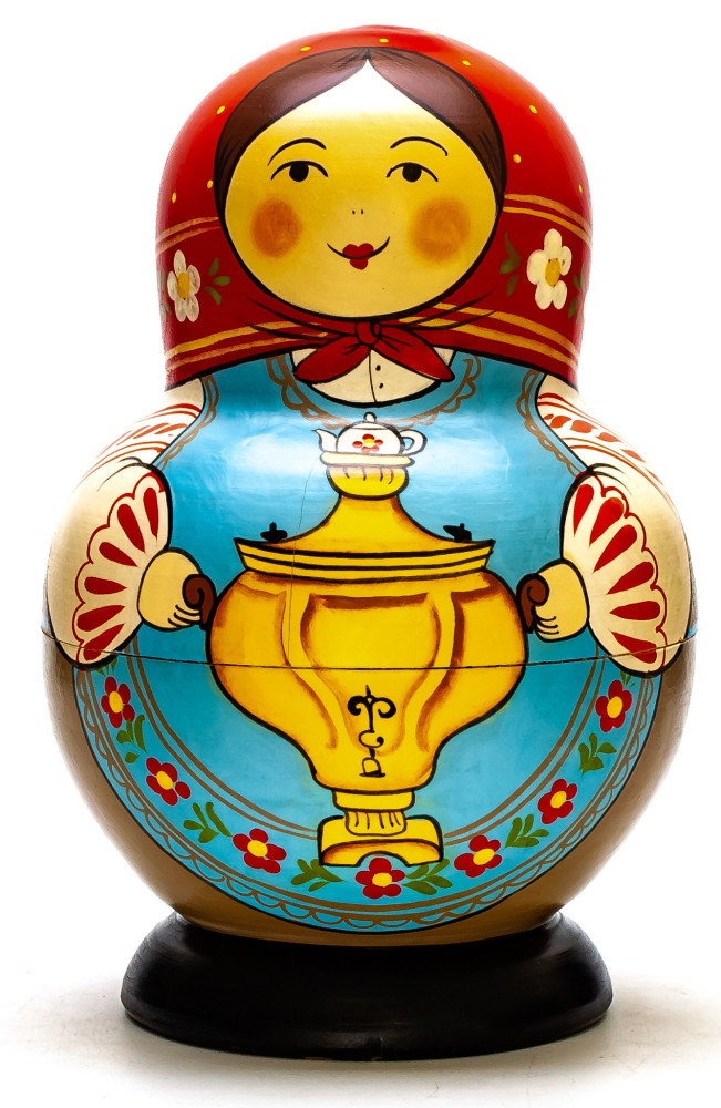 190 mm Mistress with Samovar hand painted Traditional Russian Wooden Matryoshka round doll 10 pcs (by Igor Malyutin)