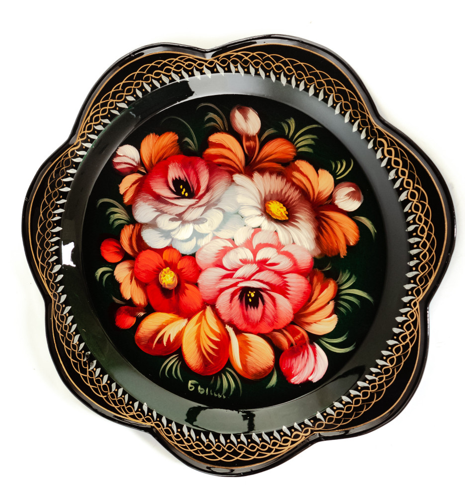 d 220 mm Zhostovo Patterns hand painted and lacquered Metal Forged Black Tray (by Lada Crafts)