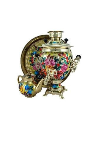 Country Flowers Hand Painted Electric Samovar Kettle with Teapot and Tray