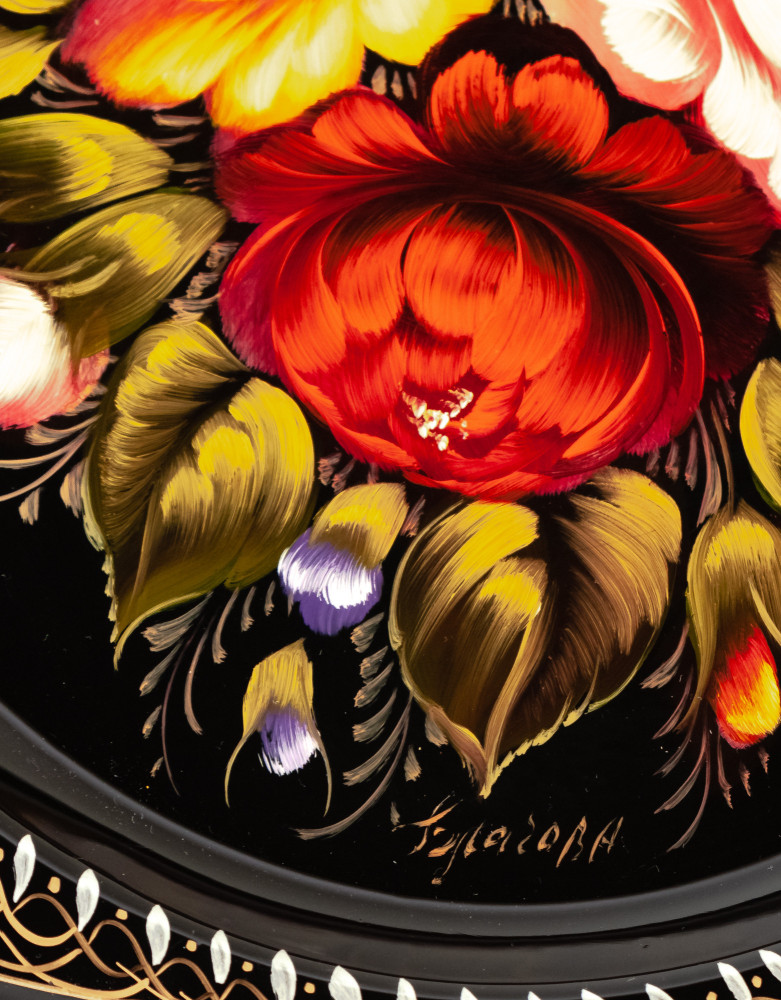 d 220 mm Zhostovo Patterns hand painted and lacquered by Blagova Metal Forged Black Tray (by Lada Crafts)