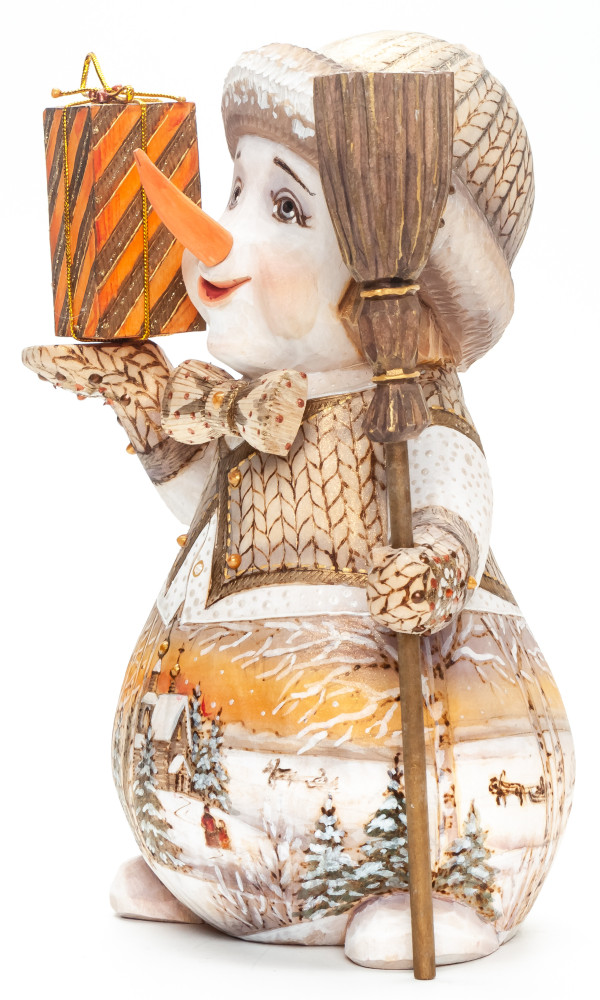 180 mm Snowman with a Broom and a Gift hand painted wooden figurine (by Natalia Nikitina Workshop)