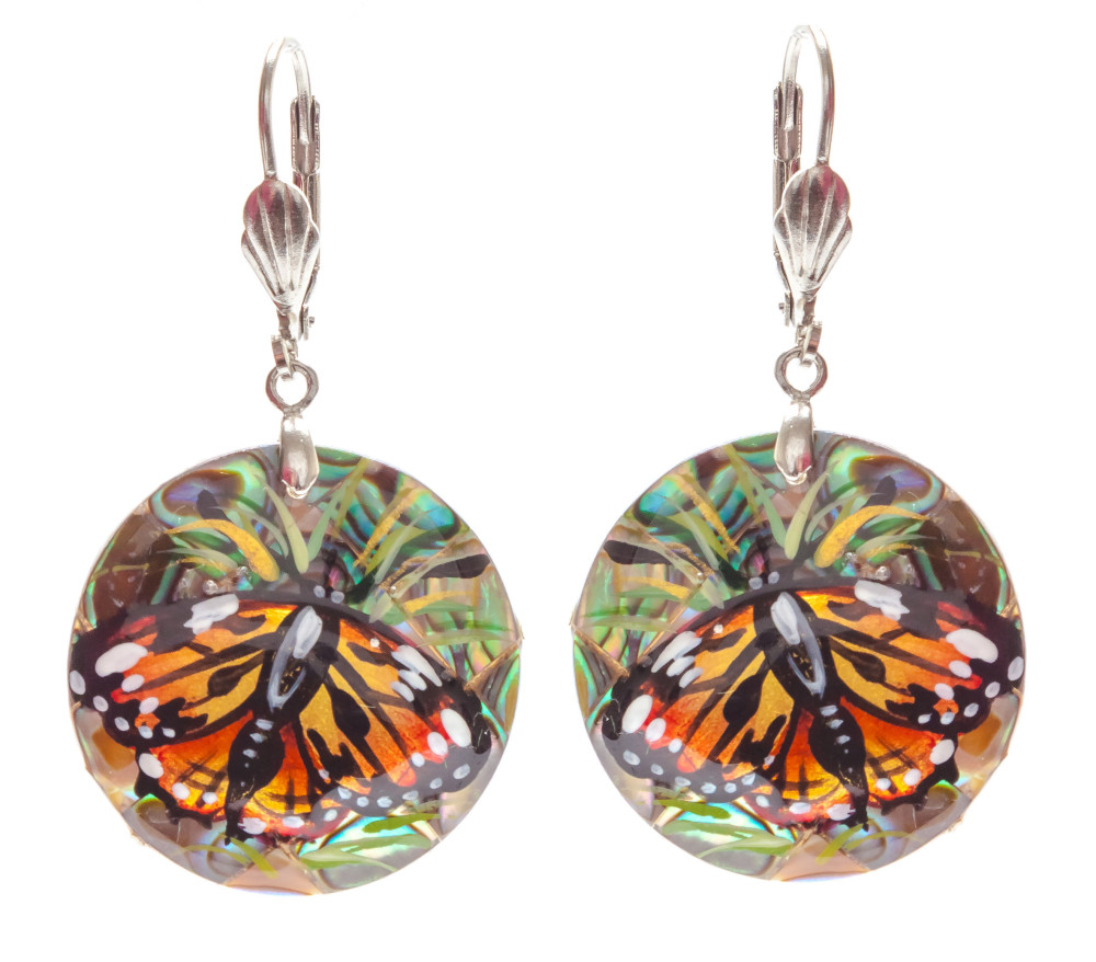 d25 mm Butterfly hand painted on Nacre Earrings (by Tatiana Shkatulka Crafts)