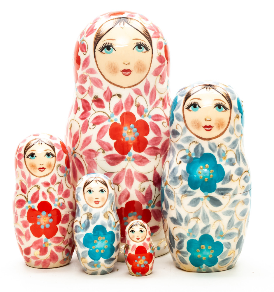 100mm Red Flowers on White hand painted Matryoshka round Doll 5pcs (by A Studio)