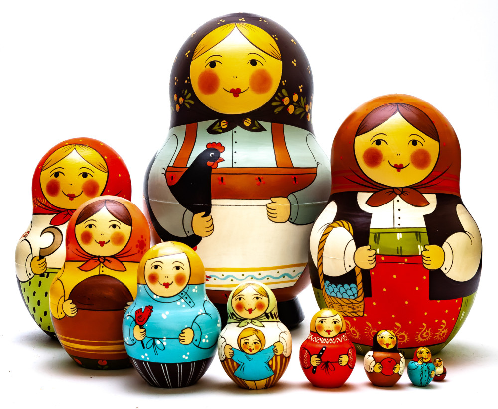 190 mm Mistress with Cockerel hand painted Traditional Russian Wooden Matryoshka round doll 10 pcs (by Igor Malyutin)