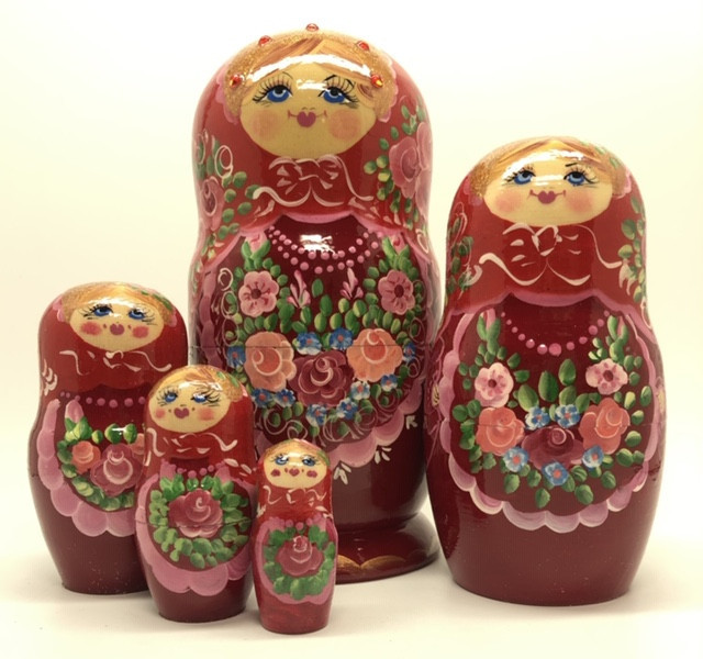 180 mm Red Gzhel Patterns hand painted on wooden Russian Matryoshka 5 pcs (by Rose Studio)