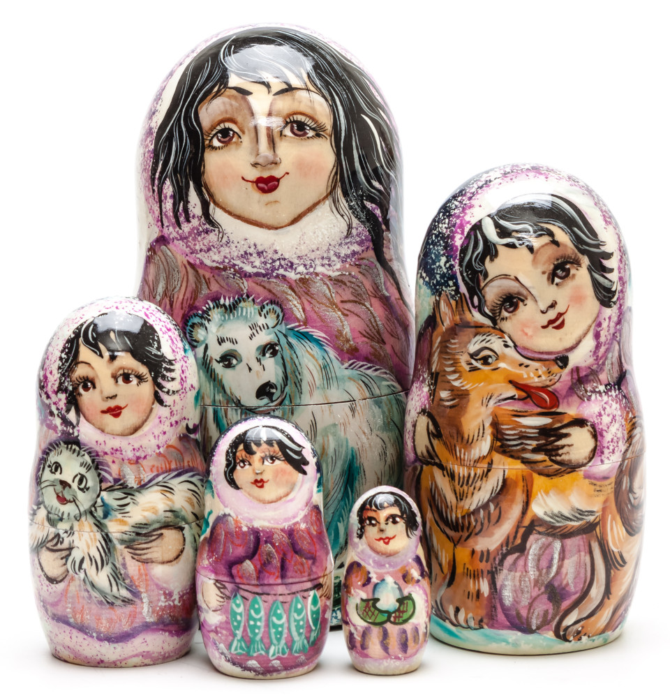 160 mm Escimo Girl with Bears hand painted on Wooden Matryoshka doll 5 pcs (by Valeria Crafts)