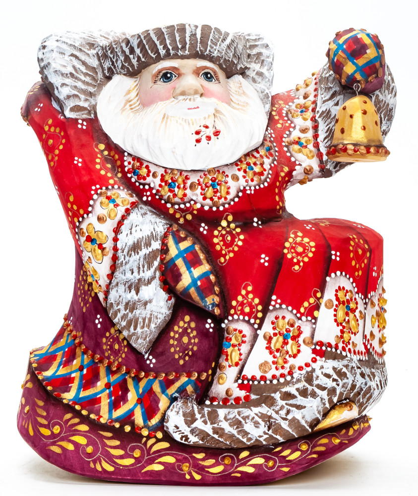 170 mm Santa with a Bell Carved Wood Hand Painted Collectible Figurine  (by Natalia Nikitina Workshop)