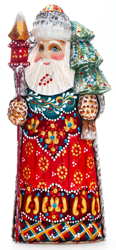 210 mm Santa with a Magic Staff and a Christmas Green Tree handpainted Wooden Carved Statue (by Natalia Nikitina Workshop)