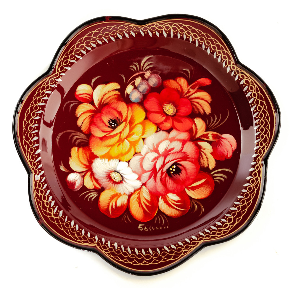 d 220 mm Zhostovo Patterns hand painted and lacquered Metal Forged Carmine Tray (by Lada Crafts)