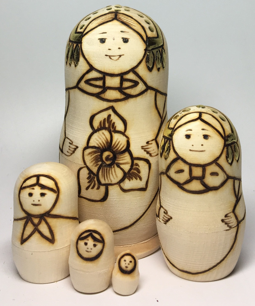 110 mm Blanc Matryoshka With Kokoshnik doll 5 pcs inside with paints, brushes, instruction manual (by Sergey Carved Wooden Dolls)