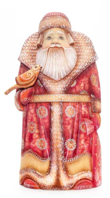 260 mm Santa Claus with a Bag and a Bird arved Wood Hand Painted Collectible Figurine  (by Natalia Nikitina Workshop)