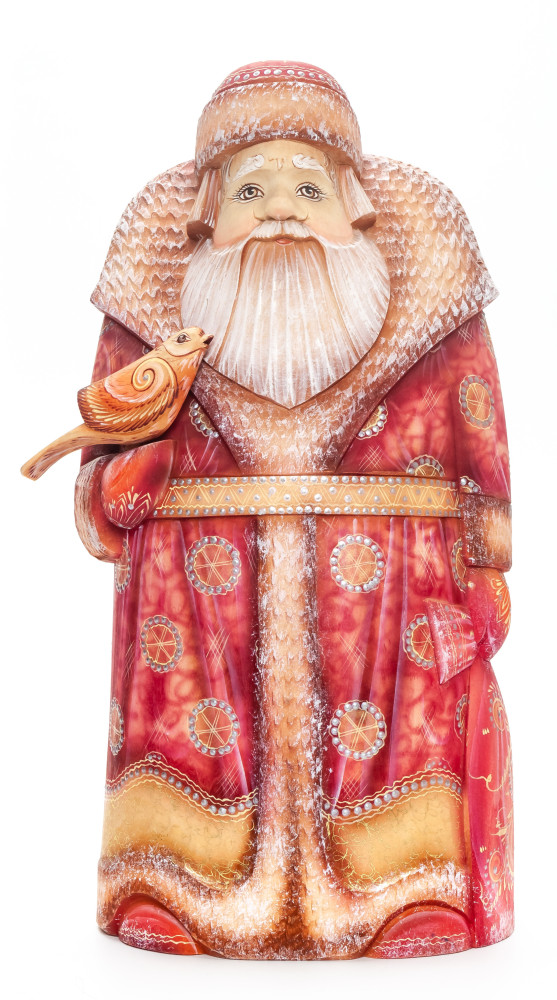 260 mm Santa Claus with a Bag and a Bird arved Wood Hand Painted Collectible Figurine  (by Natalia Nikitina Workshop)