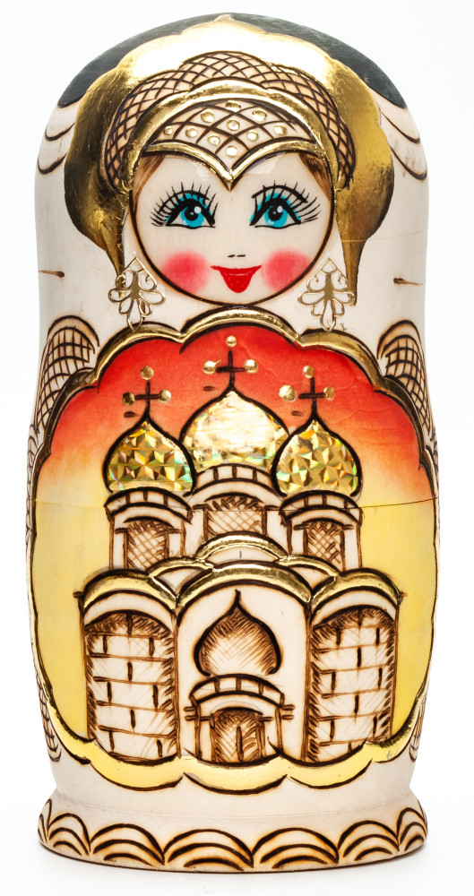 170 mm Moscow Cathedral Burnt Wood Matryoshka Doll 5 pcs inside (by Tabrik Studio)
