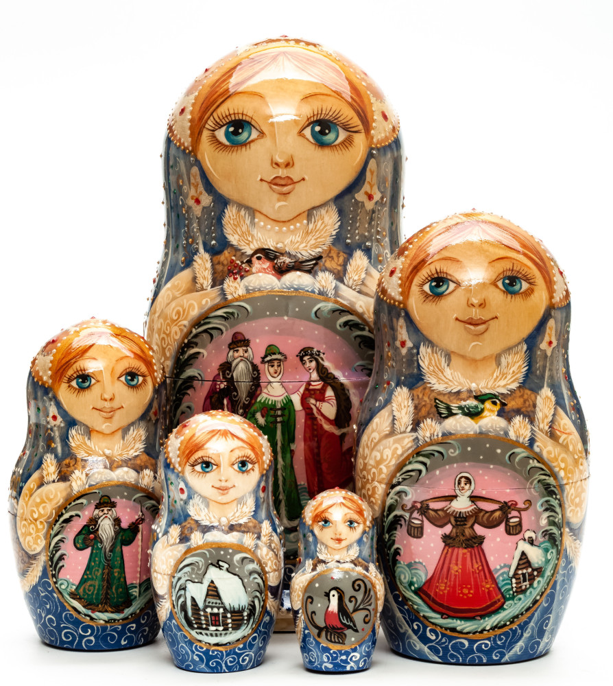 Shop Exclusive Nesting Dolls 180 mm Morozko hand painted on Wooden Matryoshka doll 5 pcs (by Golden Cockerel Studio) online at Skazka.site | Eligible for fast shipping and free returns. 180 mm Morozko hand painted on Wooden Matryoshka doll 5 pcs (by Golden Cockerel Studio)