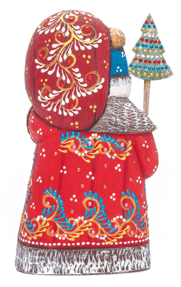 190 mm Santa with a Magic Staff and a Bag Carved Wood Hand Painted Collectible Figurine (by Natalia Nikitina Workshop)
