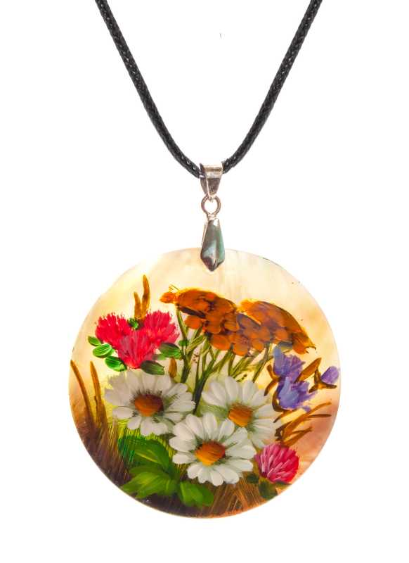 d50 mm Flowers hand painted Nacre Pendant (by Tatiana Shkatulka Crafts)