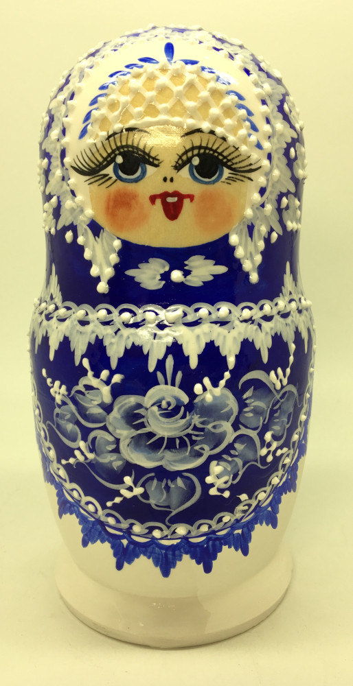 170 mm Blue Gzhel with Bubbles hand painted wooden Matryoshka doll 5 pcs (by Rose Studio)