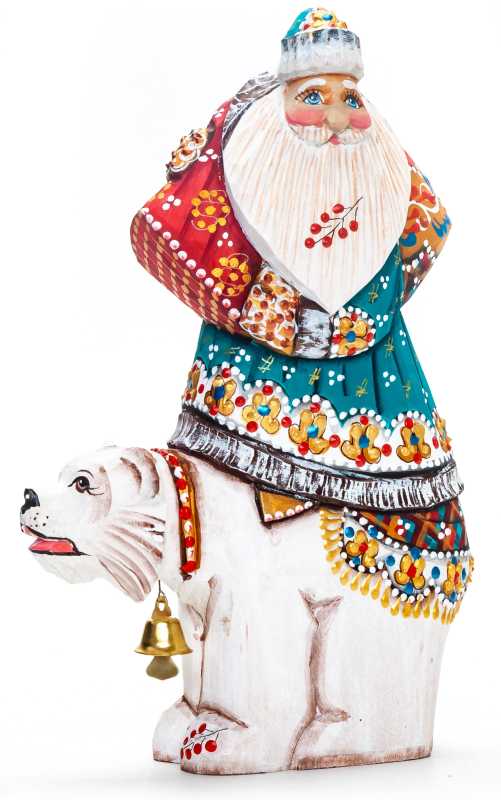 180 mm Santa with a Bag Riding the Bear Carved Wood Hand Painted Collectible Figurine  (by Natalia Nikitina Workshop)