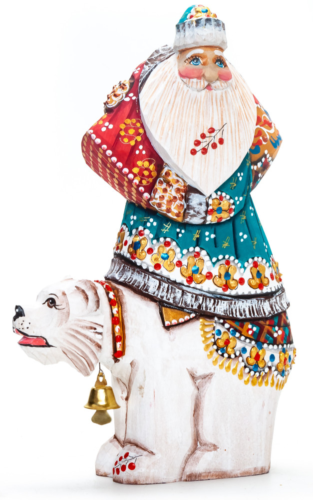 180 mm Santa with a Bag Riding the Bear Carved Wood Hand Painted Collectible Figurine  (by Natalia Nikitina Workshop)