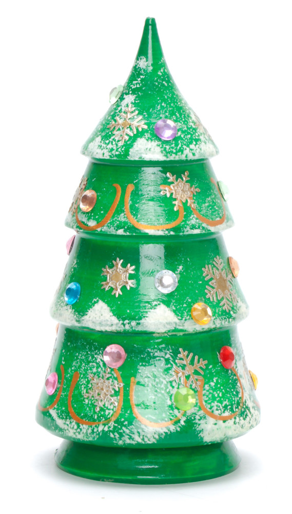 120 mm Christmas Wooden Green Tree with Hand Painted Garlands and Decorations