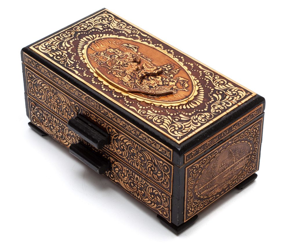 160x90mm Russian Troika hand made Birchbark Jewelry Box (by Maxim Birch)
