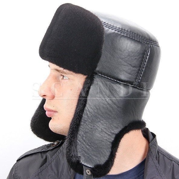 Black Mink Fur Hat with Ear flaps and leather top (by Scandi Furs)