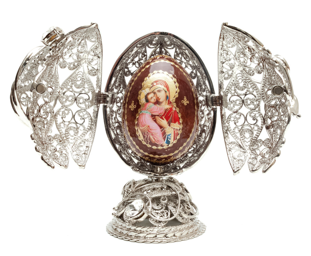 120 mm Delicate with a Monogram Silver on a Magnet Stand with a wooden Egg inside Easter Egg