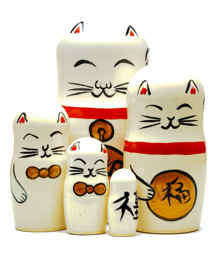 180mm Maneki-Neko Hand Painted Matryoshka Doll 5 pcs (by Konstantin Studio)