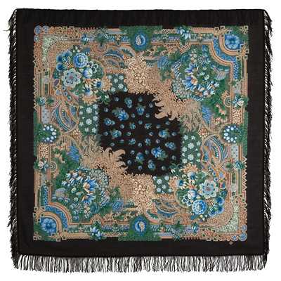 146x146 mm Velvet Night Woolen Shawl with Woolen Fringe Pavlovo Posad Manufactory