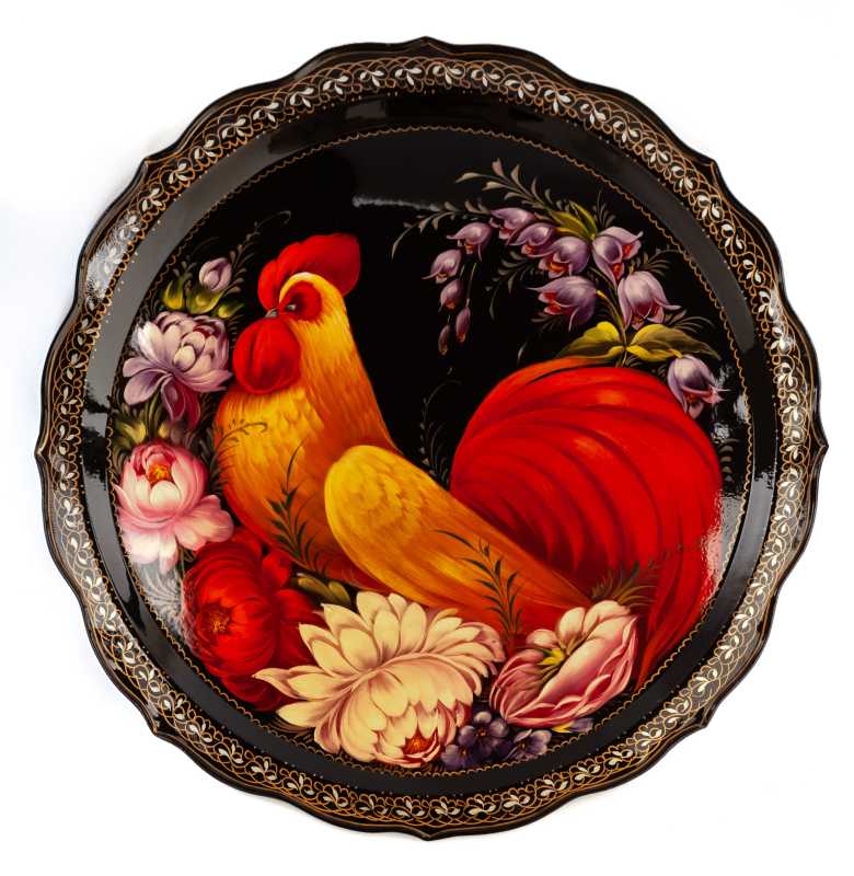  d 420 mm Zhostovo Patterns hand painted and lacquered by Blagova Metal Forged Tray (by Lada Crafts)