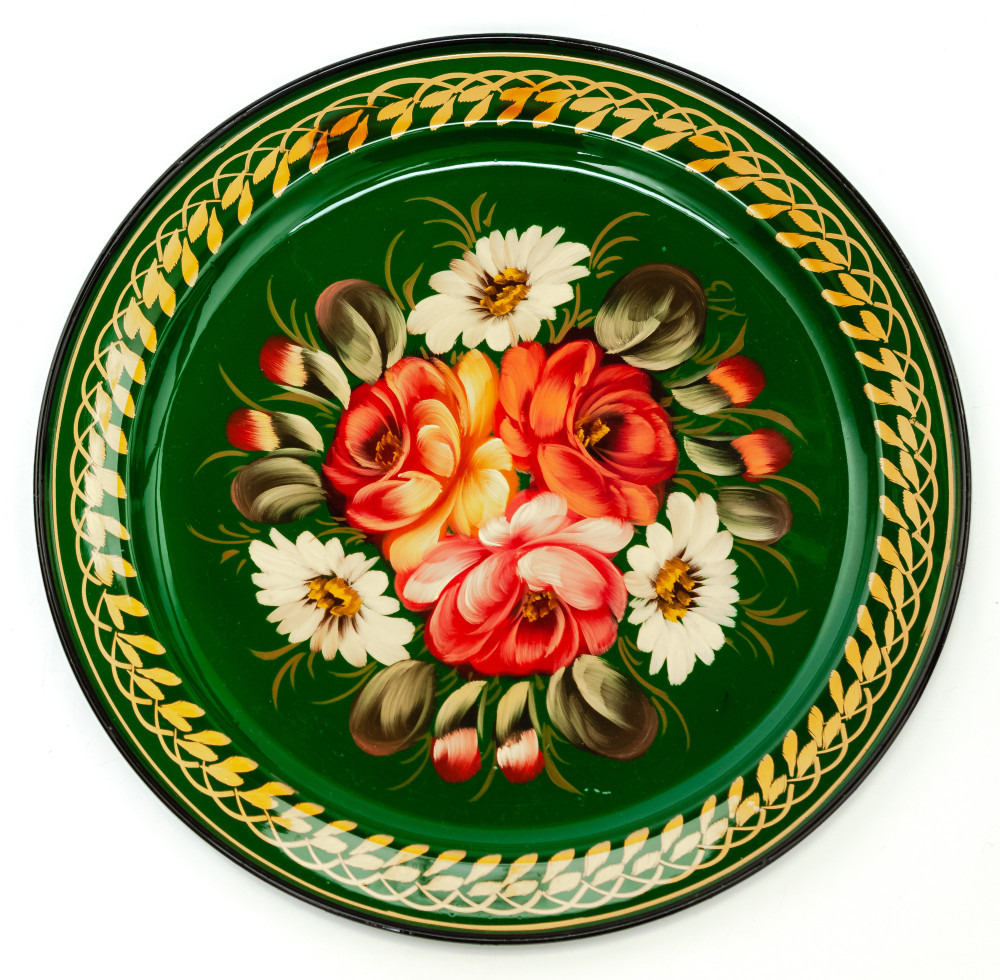 d 230 mm Zhostovo Patterns hand painted and lacquered Metal Forged Green Tray (by Lada Crafts)