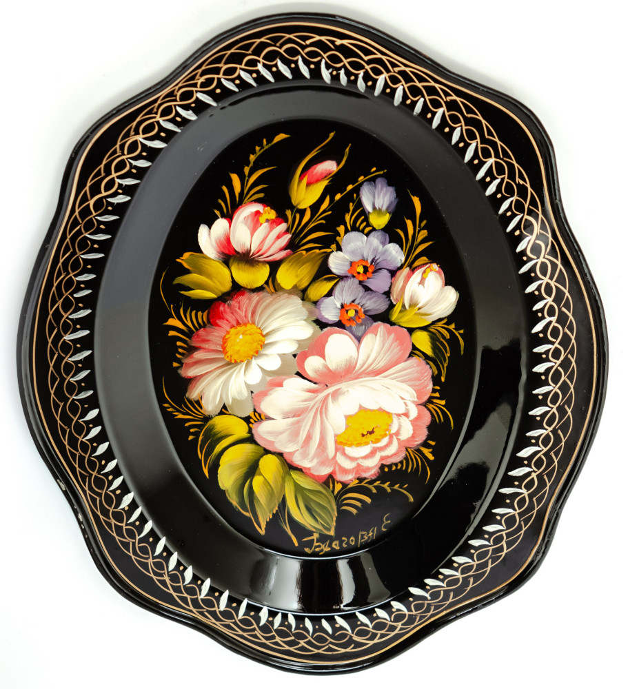 180x220 mm Zhostovo Patterns hand painted and lacquered by Blagova Metal Forged Black Tray (by Lada Crafts)