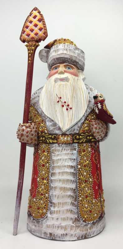 260 mm Santa Claus hand carved and painted wooden figure with a Bird (by Natalia Workshop)