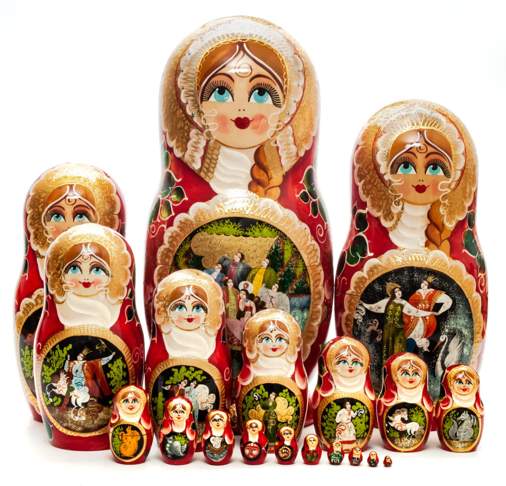 370 mm Russian Fairy Tale hand painted wooden Matryoshka Nesting Doll 20 pcs (by Valery Studio)