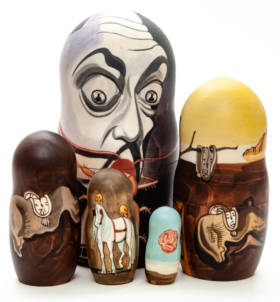 180mm Salvador Dali with a Moth hand painted on wooden Matryoshka doll 5 pcs (by Alexander Famous Paintings Studio)