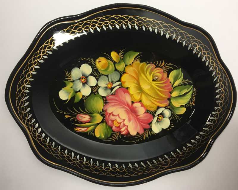 220x180 mm Zhostovo Patterns hand painted and lacquered Metal Forged Tray (by Lada Crafts)