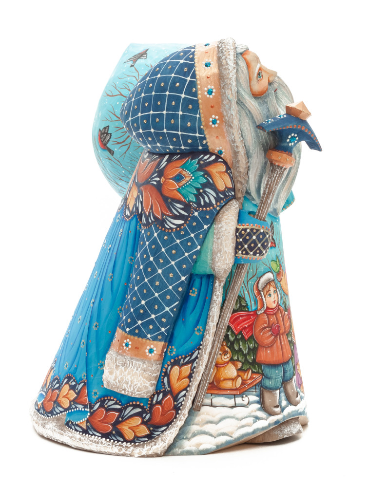 220 mm Santa with a Magic Staff and a Bag with hand painted Kids playing with a Bullfinch Carved Wood Collectible Figurine (by Sergey Christmas Workshop)