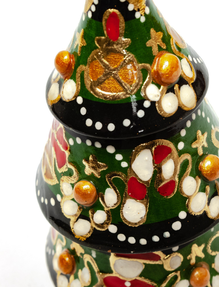 130 mm Christmas Wooden Green Tree with Hand Painted Garlands and Decorations