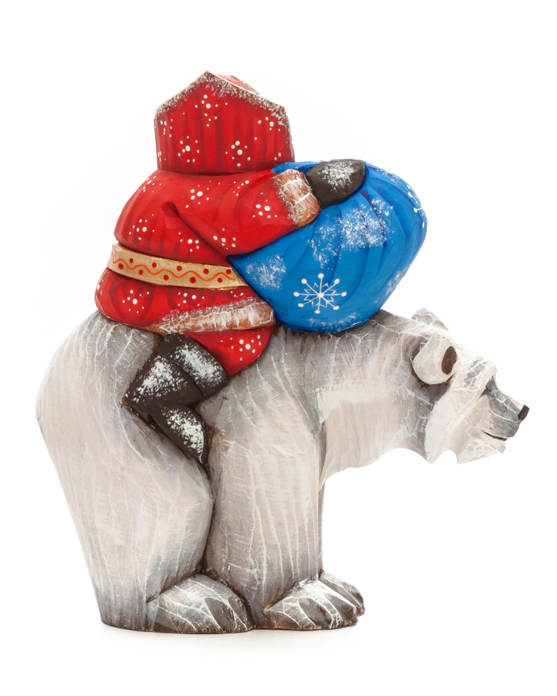 160 mm Santa with a Bag riding the Bear Carved Wood Hand Painted Collectible Figurine (by Sergey Christmas Workshop)