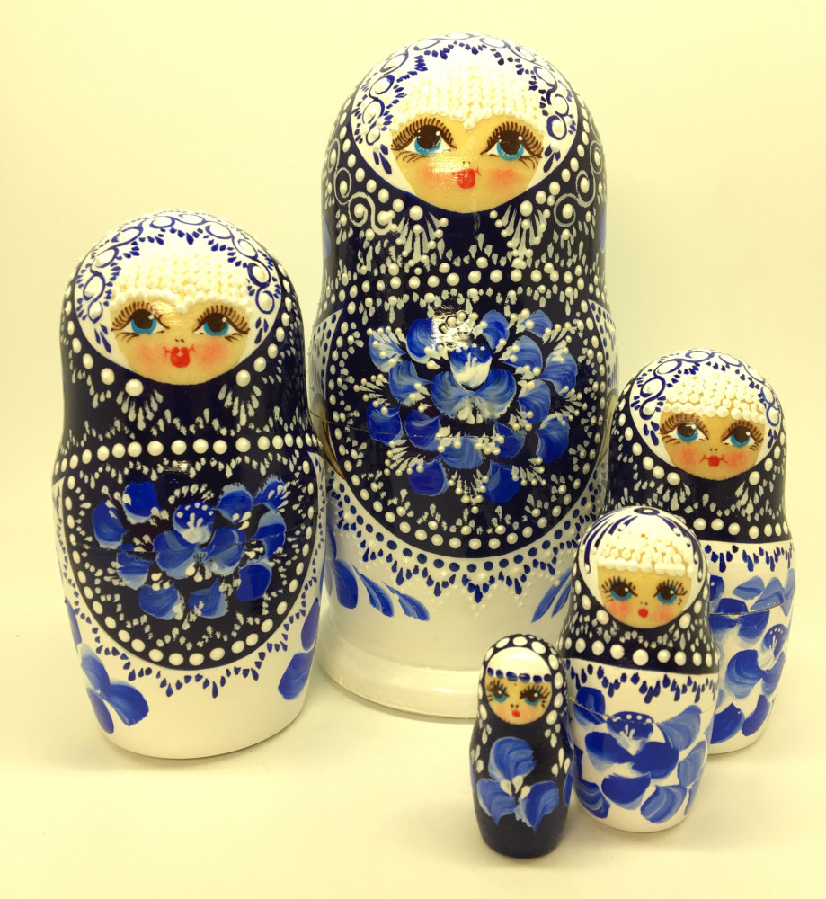 180 mm Gzhel Patterns with bubbles hand painted wooden matryoshka 5 pcs (by Valentina Gzhel)